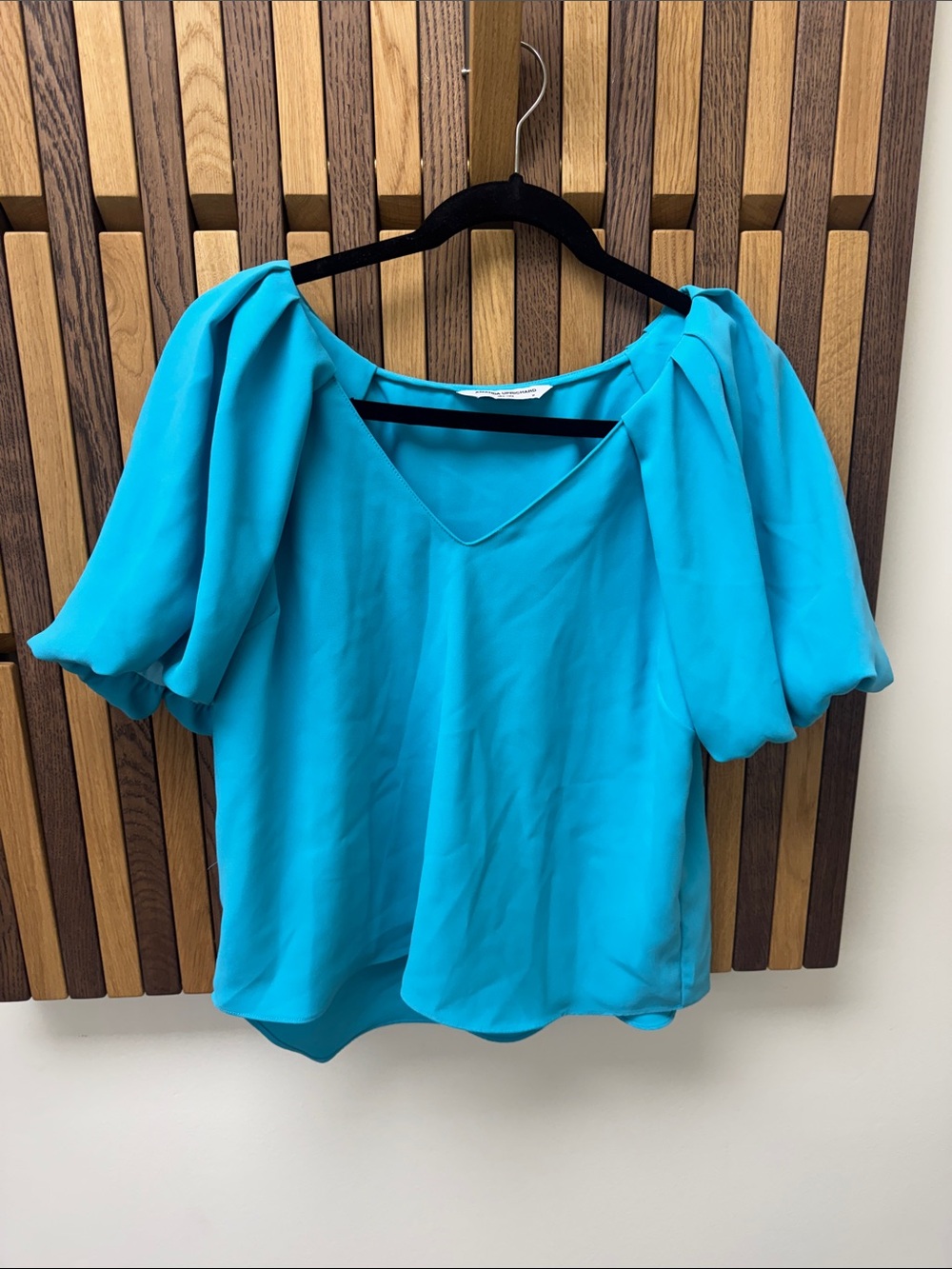 Amanda Uprichard Teal Blue V-Neck Puff Sleeve Blouse, size M